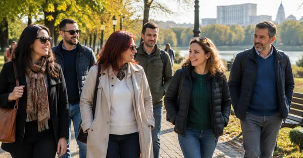 Grup de adulți de vârste diferite care se plimbă împreună printr-un parc însorit, toamna